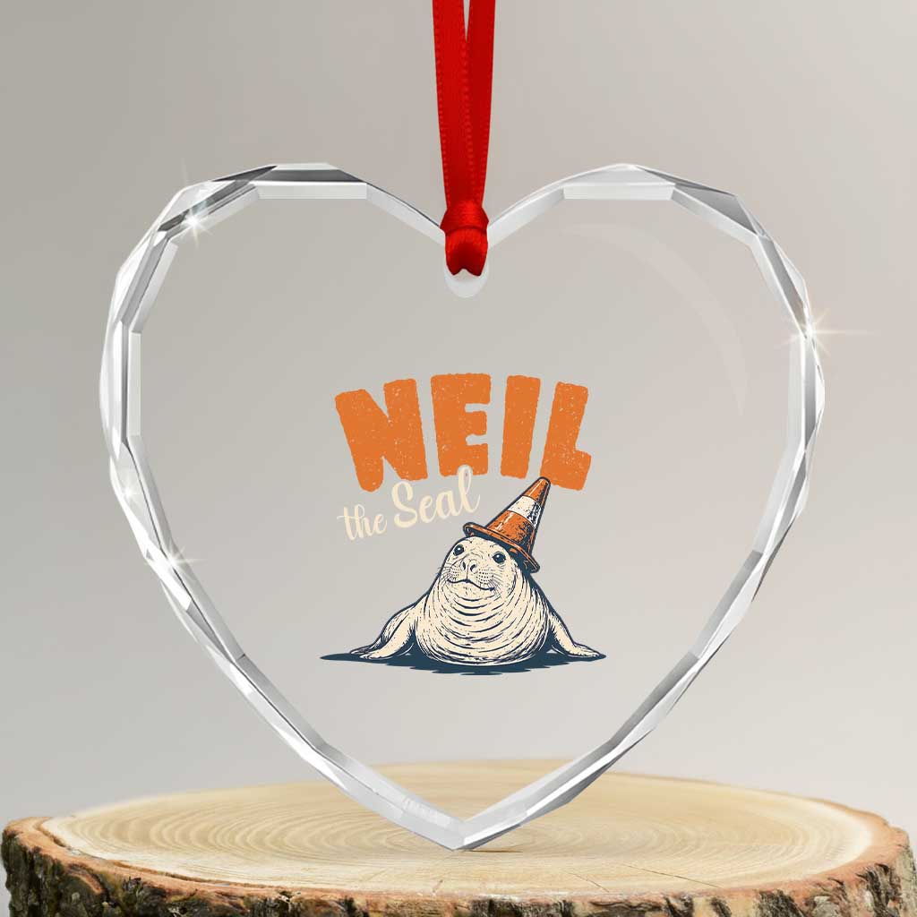 Vintage Neil the Seal Wearing Traffic Cone Hat Meme Heart Crystal Glass Ornament Cute Retro Viral Chaotic Southern Elephant Seal