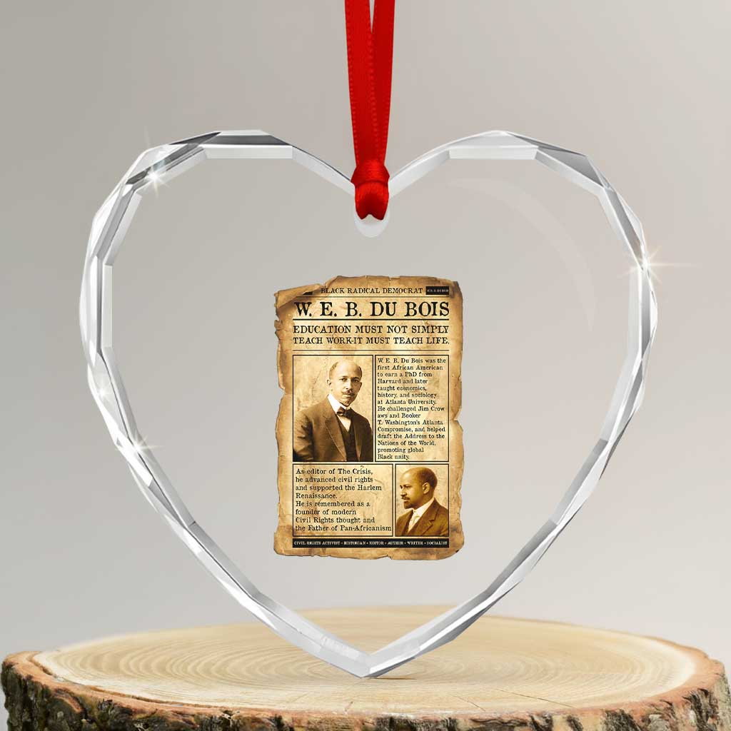 Vintage Newspaper W E B Du Bois Heart Crystal Glass Ornament African American Scholar
