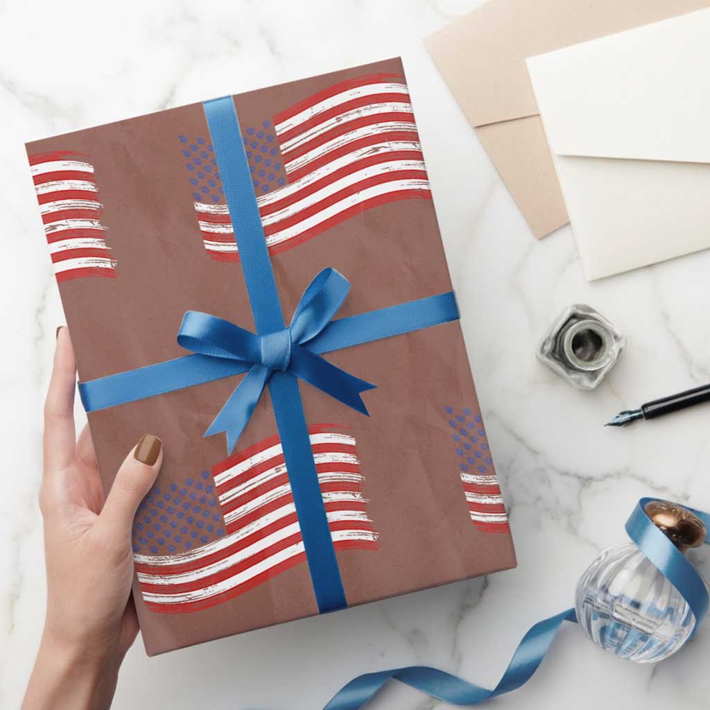 Vintage Patriotic American Flag Dog And Cat Paw Wrapping Paper Roll Gift For Pet Lover