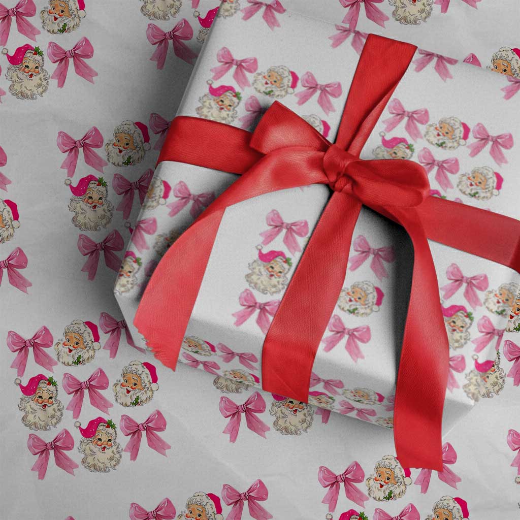 Vintage Pink Christmas Coquette Bow Wrapping Paper Roll Santa Claus Festive Xmas Vibe