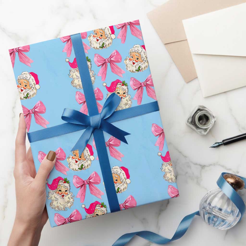 Vintage Pink Christmas Coquette Bow Wrapping Paper Roll Santa Claus Festive Xmas Vibe