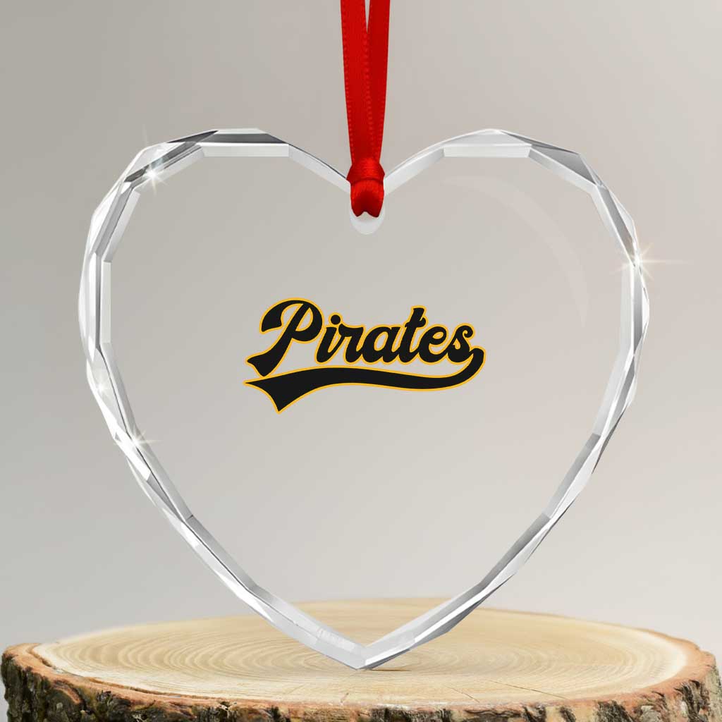Vintage Pirates Heart Crystal Glass Ornament Varsity Script Retro Sports Jersey Style Baseball Fans