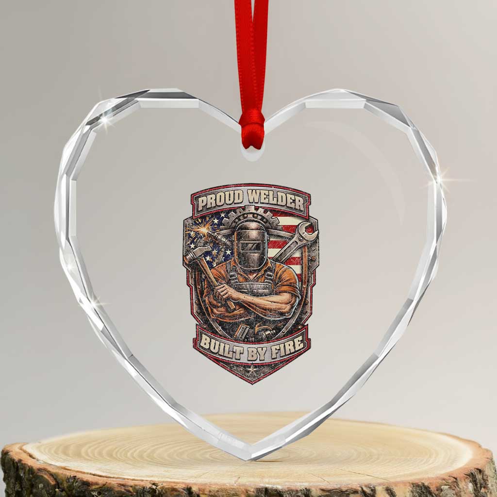 Vintage Proud American Welder Heart Crystal Glass Ornament Built By Fire Blue Collar Dad Gift