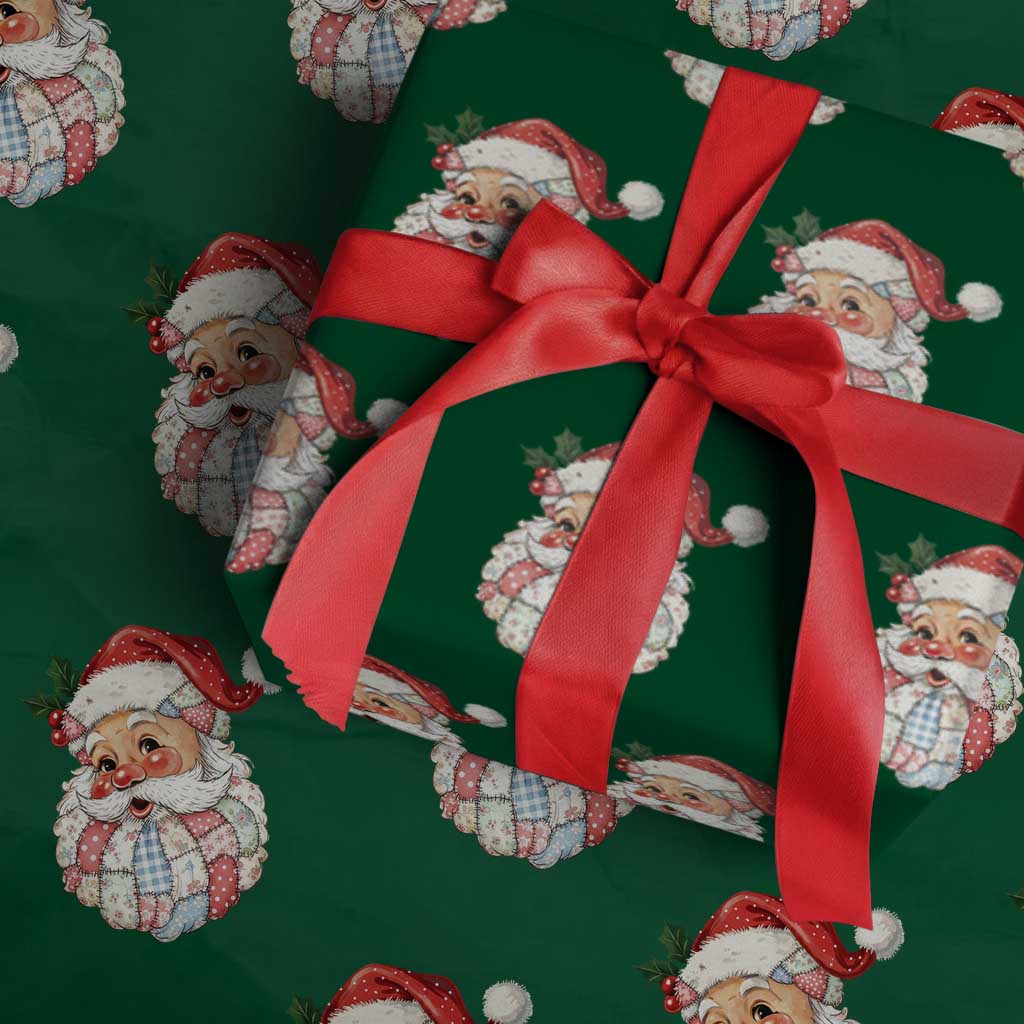 Vintage Retro Patchwork Santa Xmas Wrapping Paper Roll Merry Xmas Holiday - Wonder Print Shop