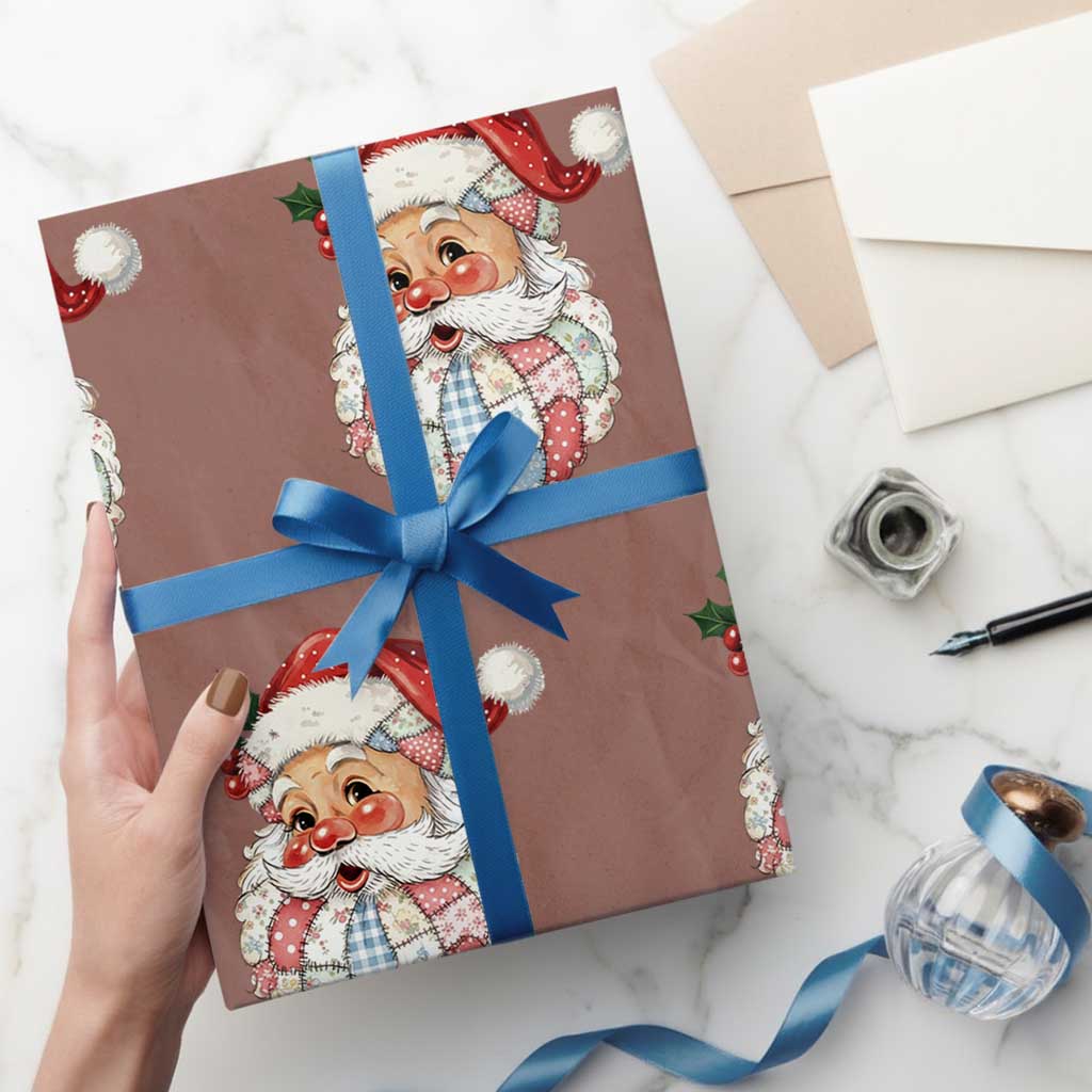 Vintage Retro Patchwork Santa Xmas Wrapping Paper Roll Merry Xmas Holiday - Wonder Print Shop