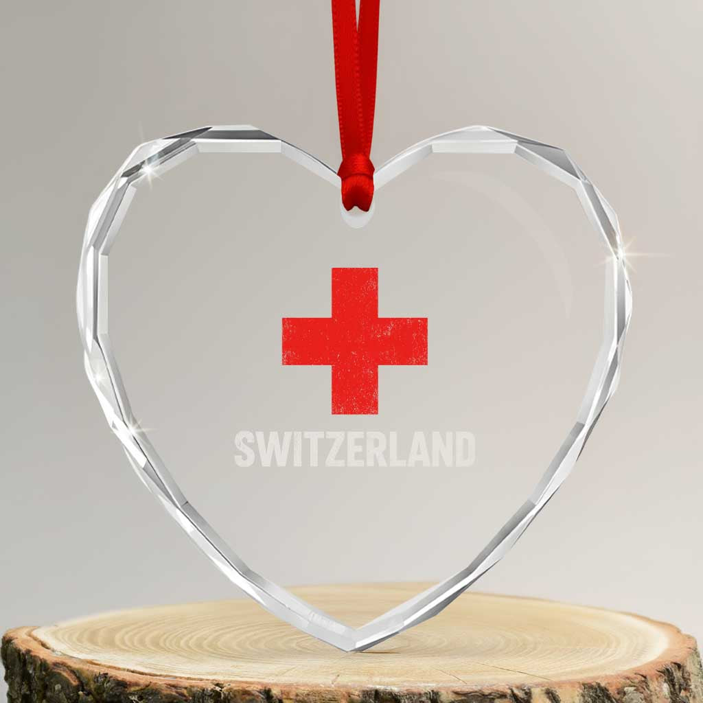 Vintage Retro Switzerland Fan Heart Crystal Glass Ornament Swiss Cross Flag