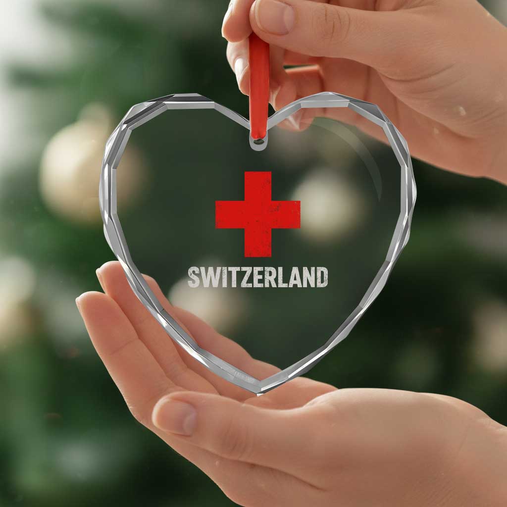 Vintage Retro Switzerland Fan Heart Crystal Glass Ornament Swiss Cross Flag