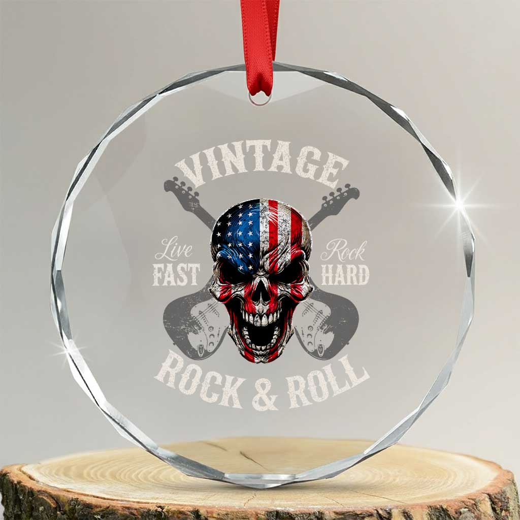 Vintage Rock and Roll Skull Guitar Rocker Crystal Glass Ornament Live Fast Rock Hard American Flag