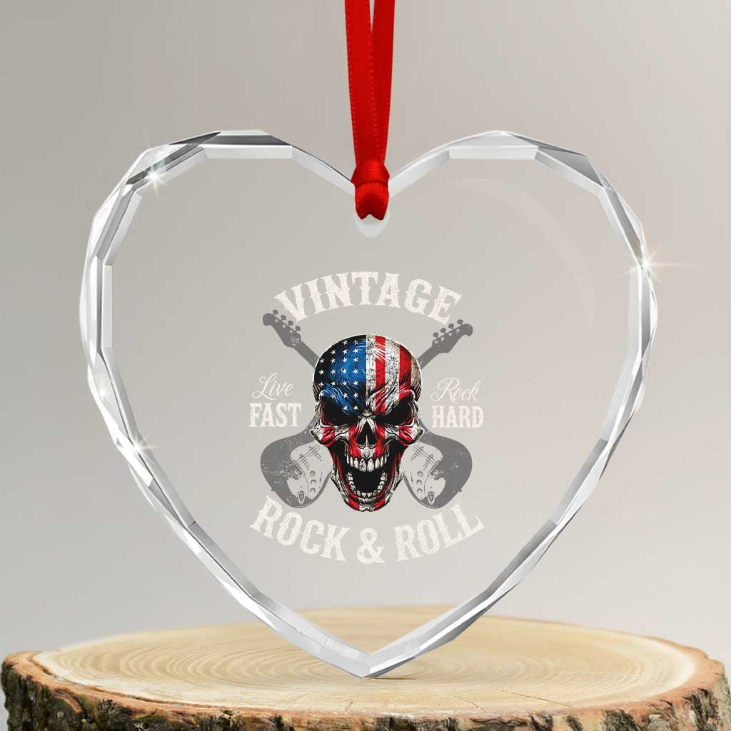Vintage Rock and Roll Skull Guitar Rocker Heart Crystal Glass Ornament Live Fast Rock Hard American Flag