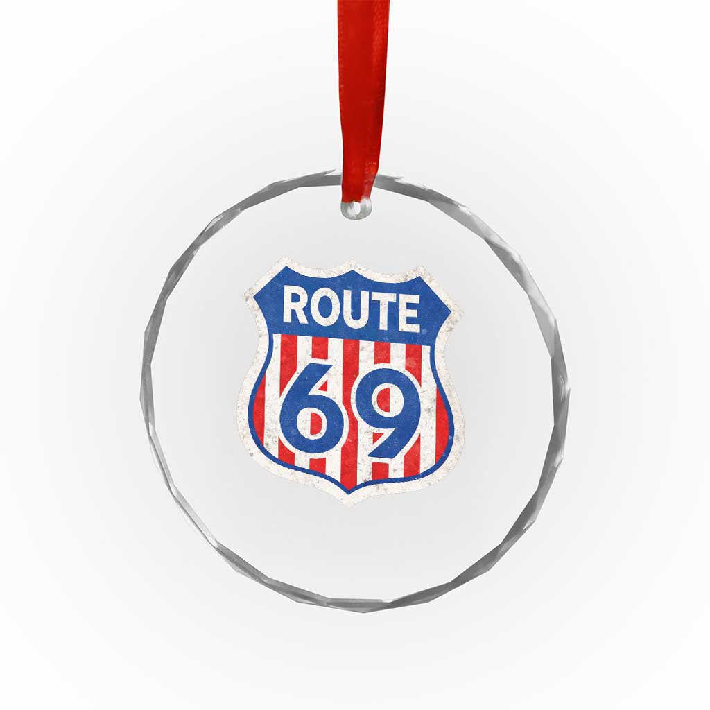 Vintage Route 69 Highway Road Trip Sign Distressed American Flag Crystal Glass Ornament