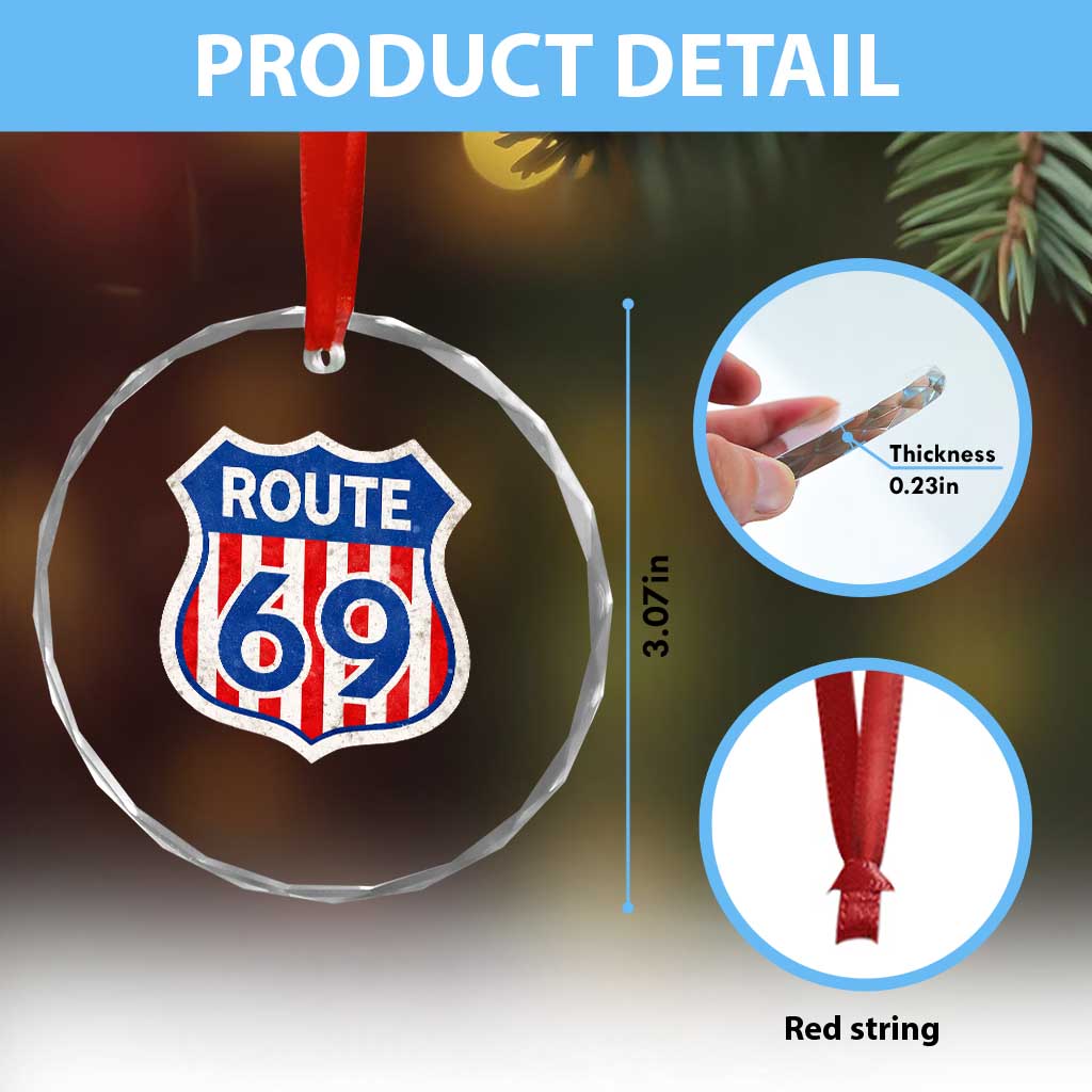 Vintage Route 69 Highway Road Trip Sign Distressed American Flag Crystal Glass Ornament