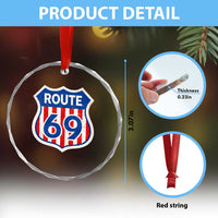 Vintage Route 69 Highway Road Trip Sign Distressed American Flag Crystal Glass Ornament