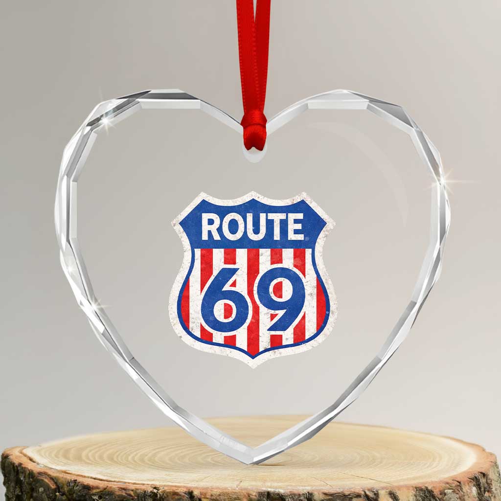 Vintage Route 69 Highway Road Trip Sign Distressed American Flag Heart Crystal Glass Ornament