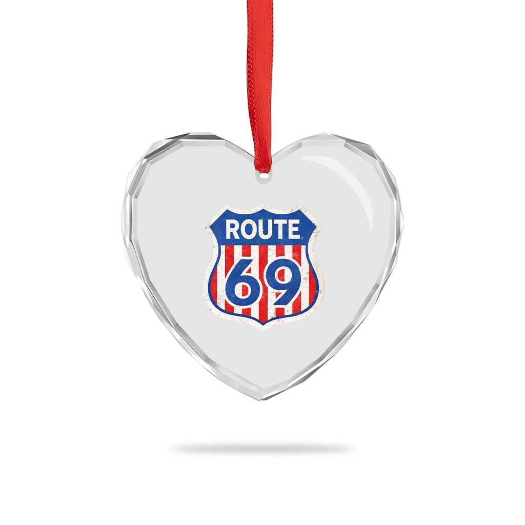 Vintage Route 69 Highway Road Trip Sign Distressed American Flag Heart Crystal Glass Ornament