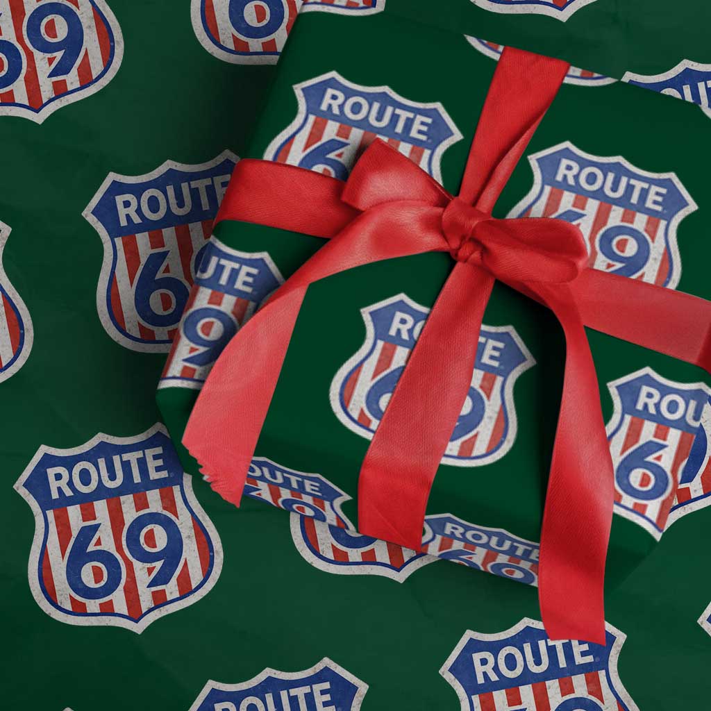 Vintage Route 69 Highway Road Trip Sign Distressed American Flag Wrapping Paper Roll