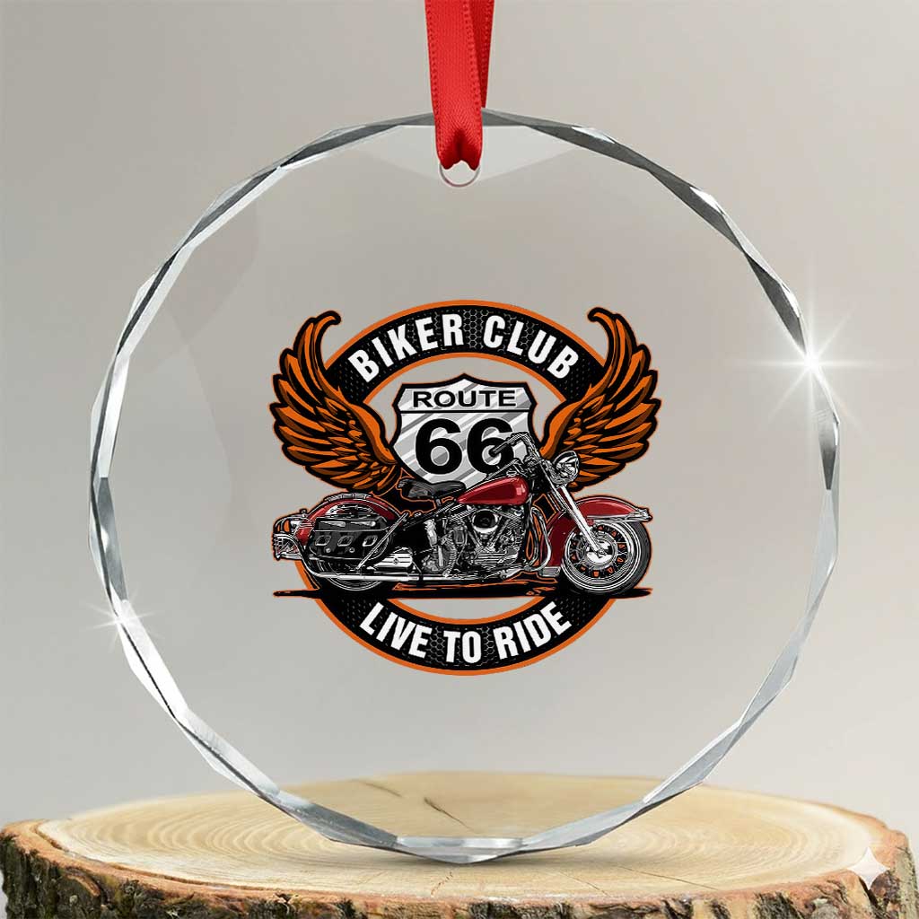 Vintage Route Highway 66 Biker Club Crystal Glass Ornament Live To Ride Motorcycle Graphic