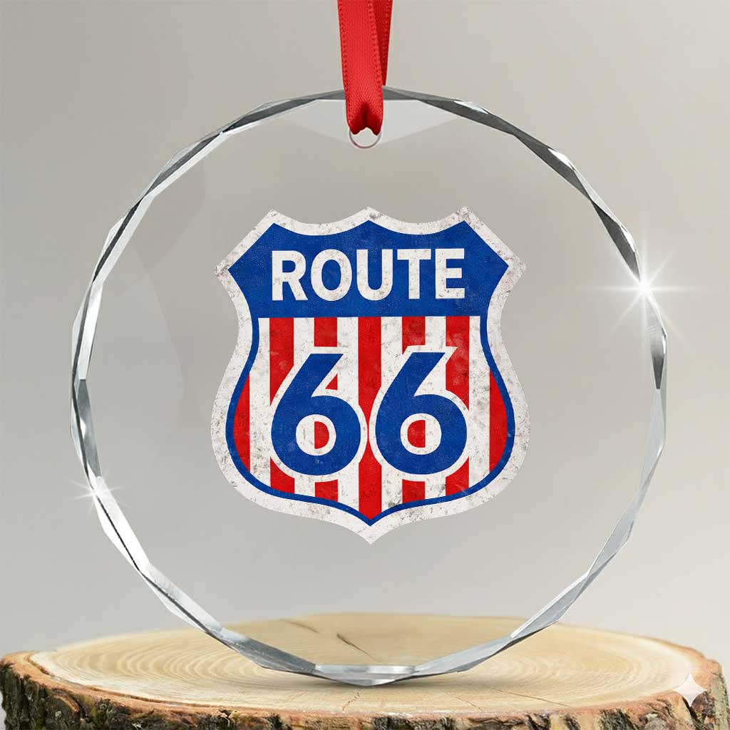 Vintage Route Highway 66 Historical Sign Distressed American Flag Road Trip Crystal Glass Ornament