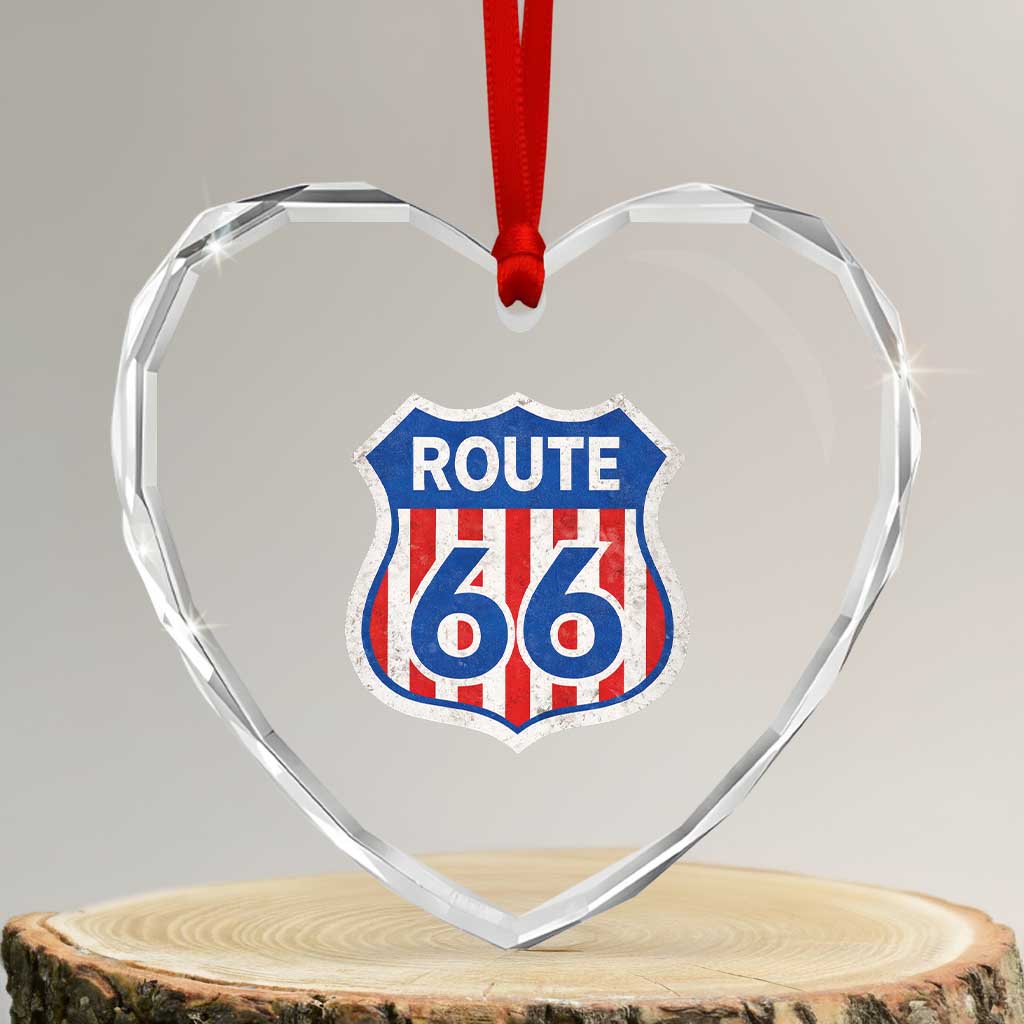 Vintage Route Highway 66 Historical Sign Distressed American Flag Road Trip Heart Crystal Glass Ornament