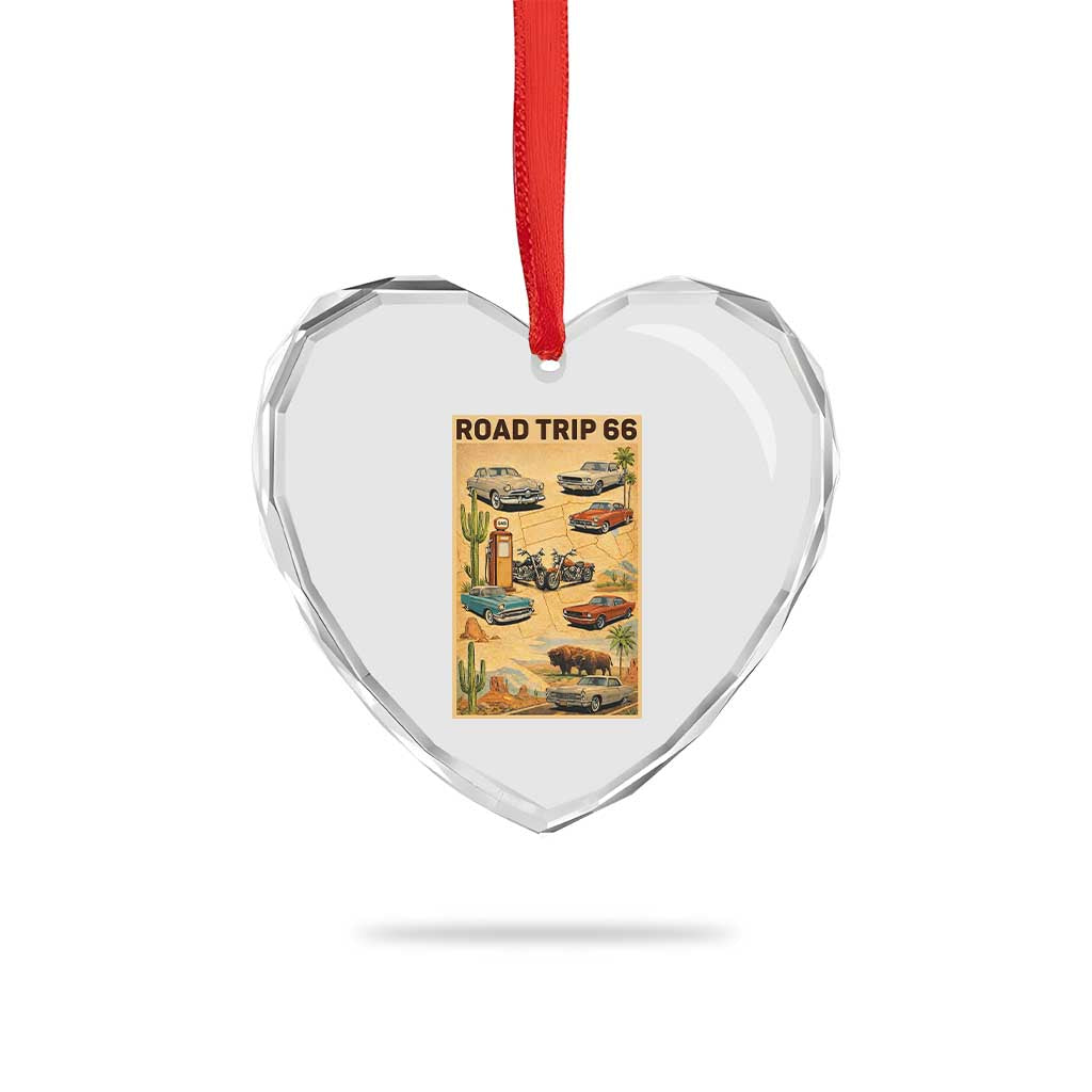 Vintage Route Highway 66 Road Trip Poster Heart Crystal Glass Ornament Open Road Adventure