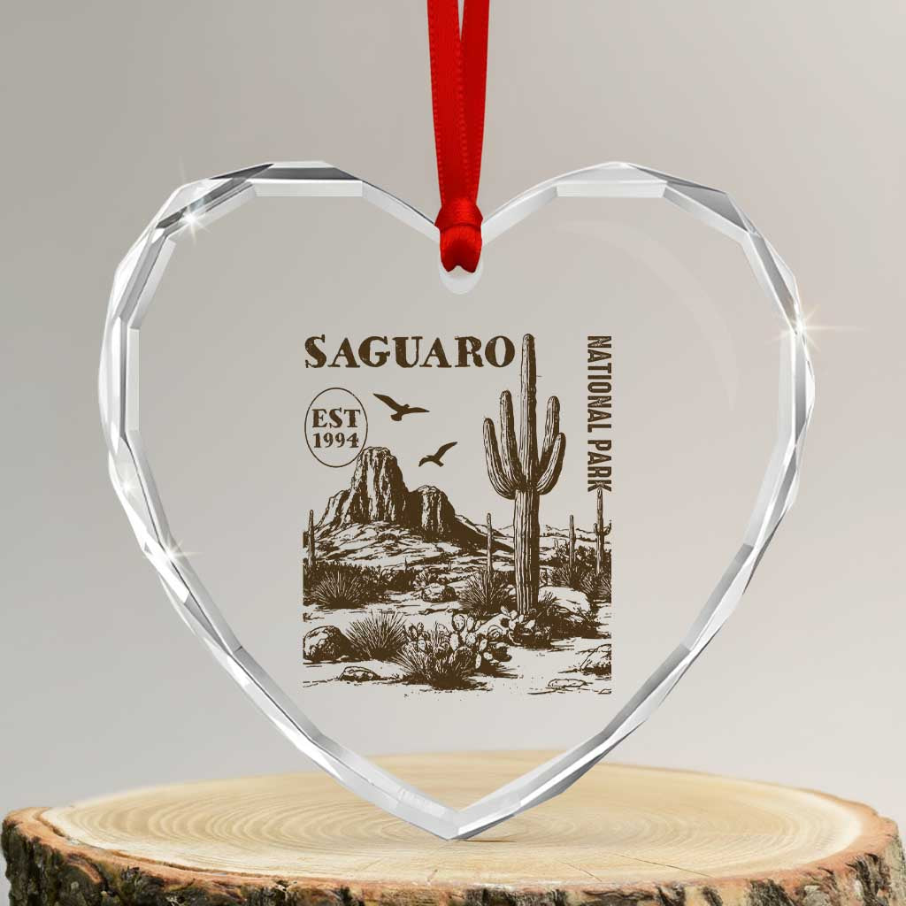 Vintage Saguaro National Park Est 1994 Graphic Heart Crystal Glass Ornament Retro Arizona Desert Mountain Hiking Souvenir