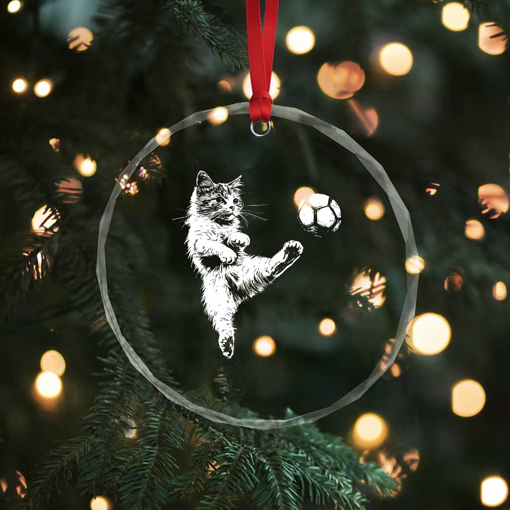 Vintage Sketch Soccer Cat Graphic Crystal Glass Ornament Kitten Kicking Football Sports Lover