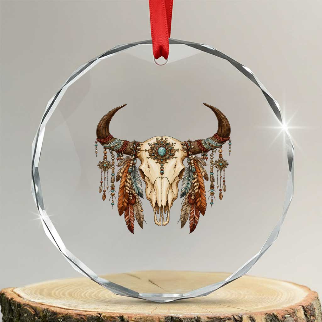 Vintage Southwestern Cow Skull Crystal Glass Ornament Boho Feather Western Graphic
