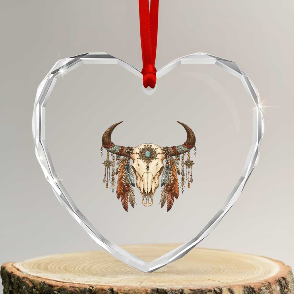 Vintage Southwestern Cow Skull Heart Crystal Glass Ornament Boho Feather Western Graphic