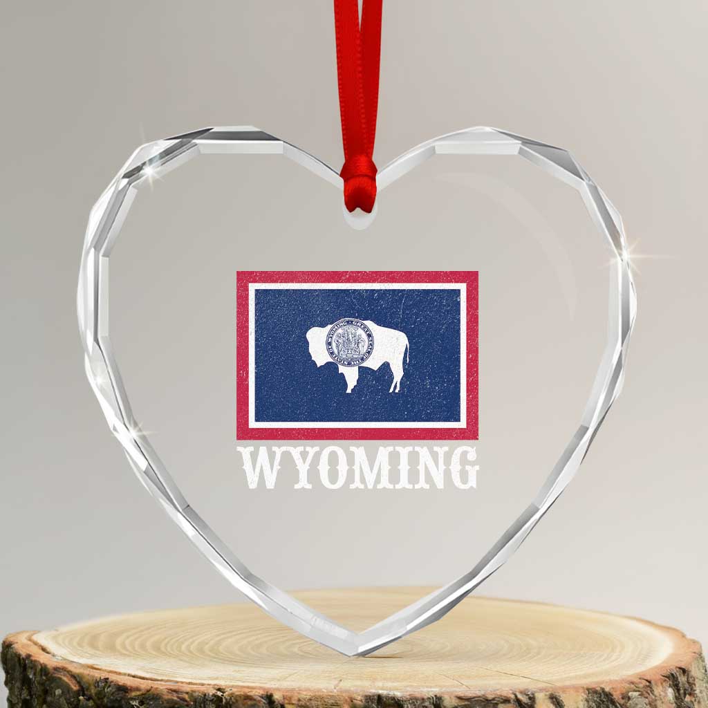 Vintage State of Wyoming Flag Bison Cheyenne Jackson Hole Heart Crystal Glass Ornament