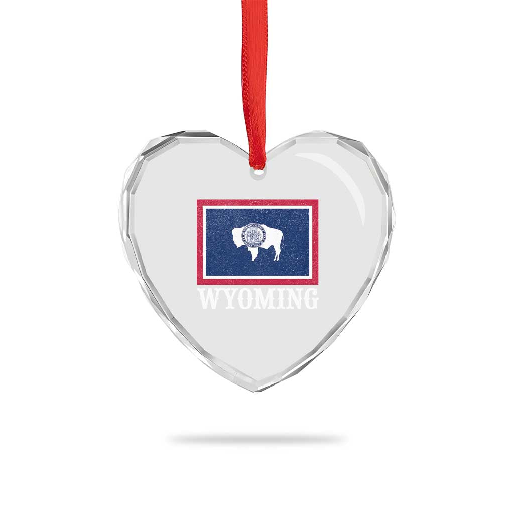 Vintage State of Wyoming Flag Bison Cheyenne Jackson Hole Heart Crystal Glass Ornament