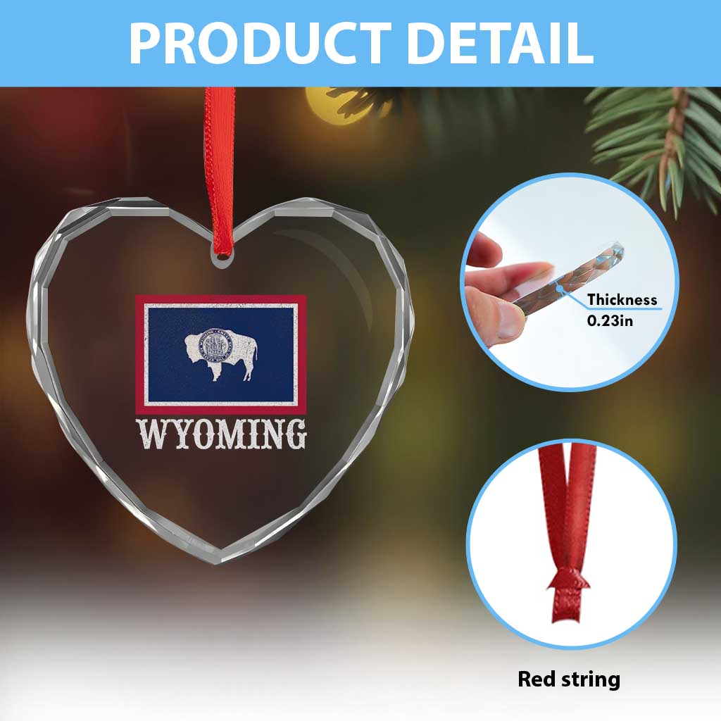Vintage State of Wyoming Flag Bison Cheyenne Jackson Hole Heart Crystal Glass Ornament
