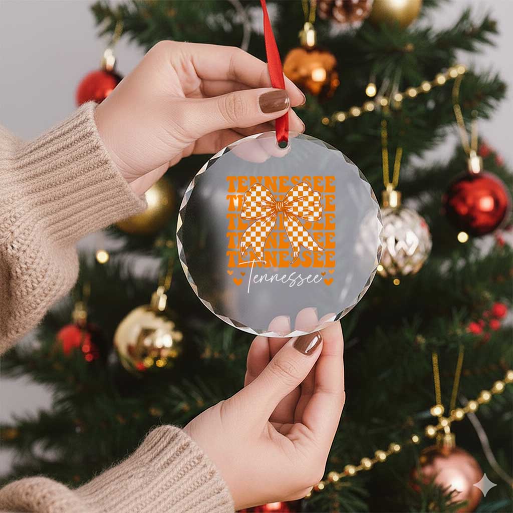 Vintage Tennessee Coquette Bow Crystal Glass Ornament Retro TN Orange Checkered Print US State