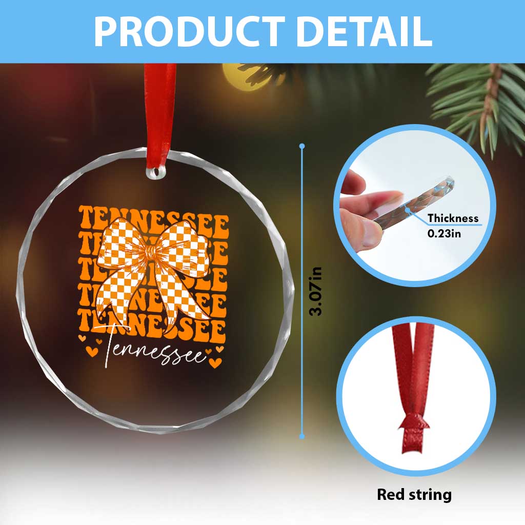 Vintage Tennessee Coquette Bow Crystal Glass Ornament Retro TN Orange Checkered Print US State
