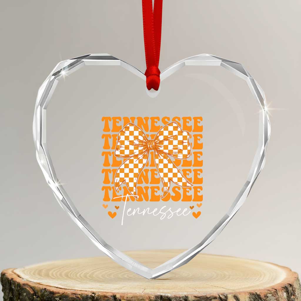 Vintage Tennessee Coquette Bow Heart Crystal Glass Ornament Retro TN Orange Checkered Print US State
