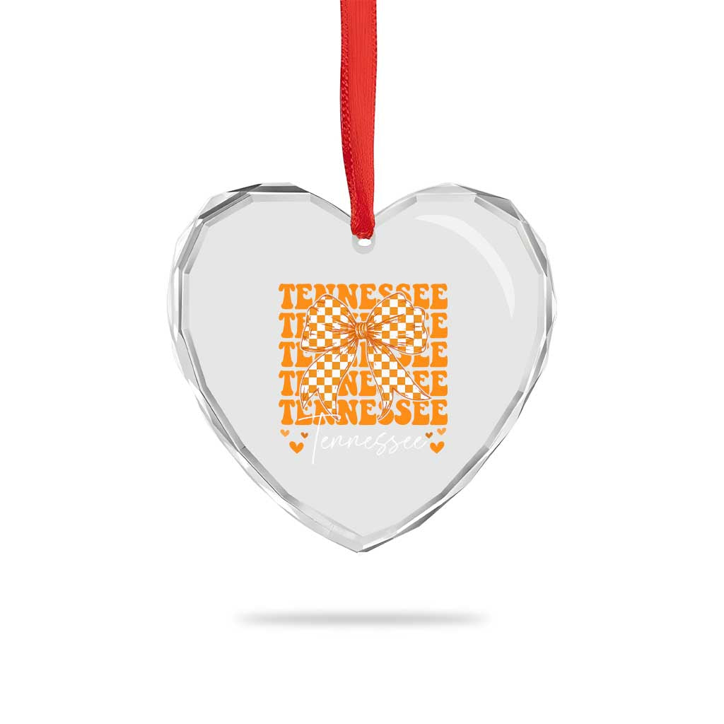 Vintage Tennessee Coquette Bow Heart Crystal Glass Ornament Retro TN Orange Checkered Print US State