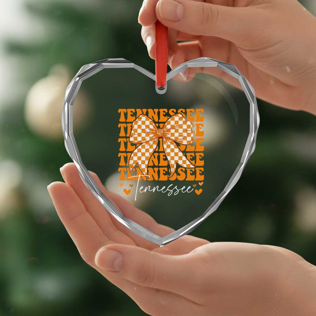 Vintage Tennessee Coquette Bow Heart Crystal Glass Ornament Retro TN Orange Checkered Print US State