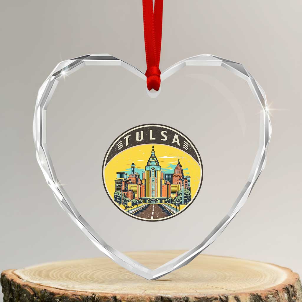 Vintage Tulsa Oklahoma Cityscape Pride Heart Crystal Glass Ornament