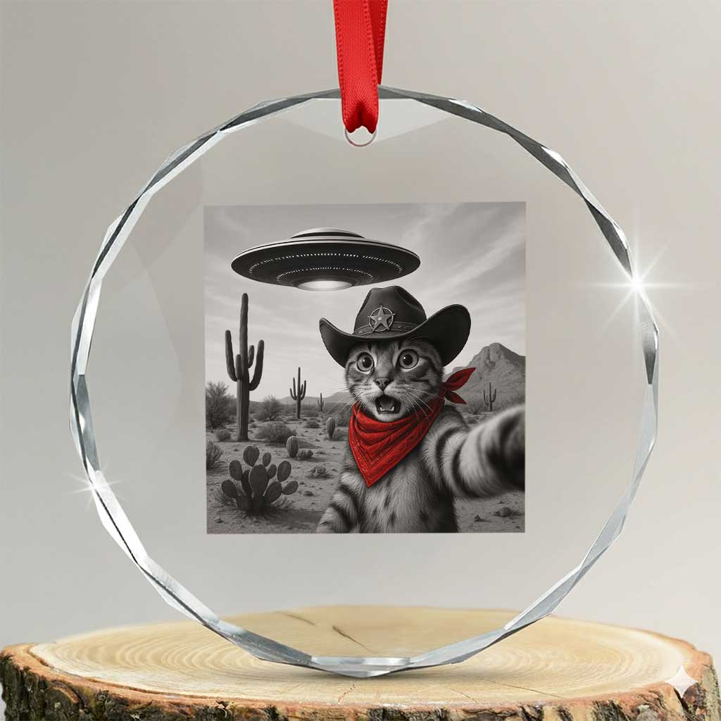 Vintage UFO Cowboy Cat Crystal Glass Ornament Retro 90s Western Rodeo Kitten Cat Selfie With Alien UFO - Wonder Print Shop