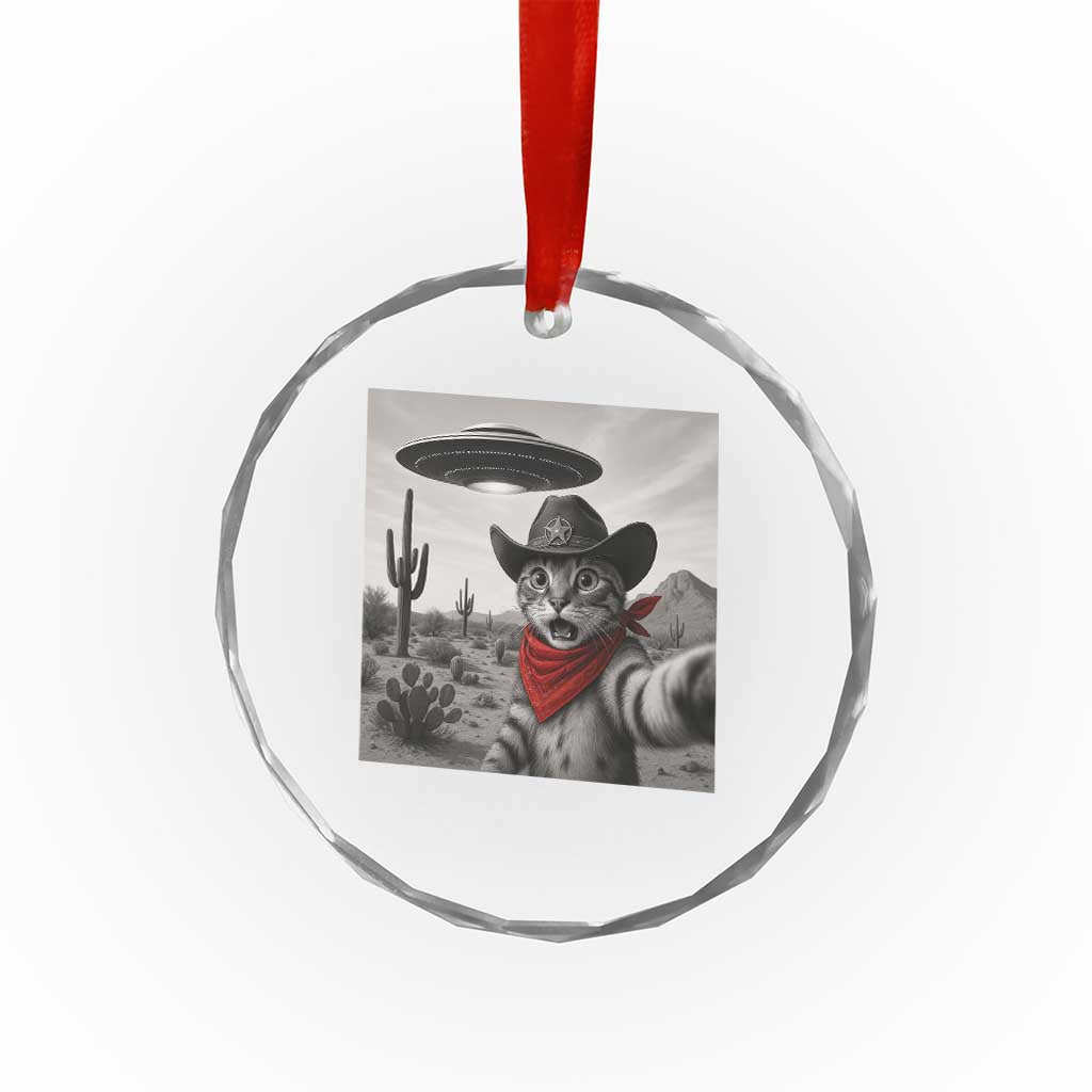 Vintage UFO Cowboy Cat Crystal Glass Ornament Retro 90s Western Rodeo Kitten Cat Selfie With Alien UFO - Wonder Print Shop