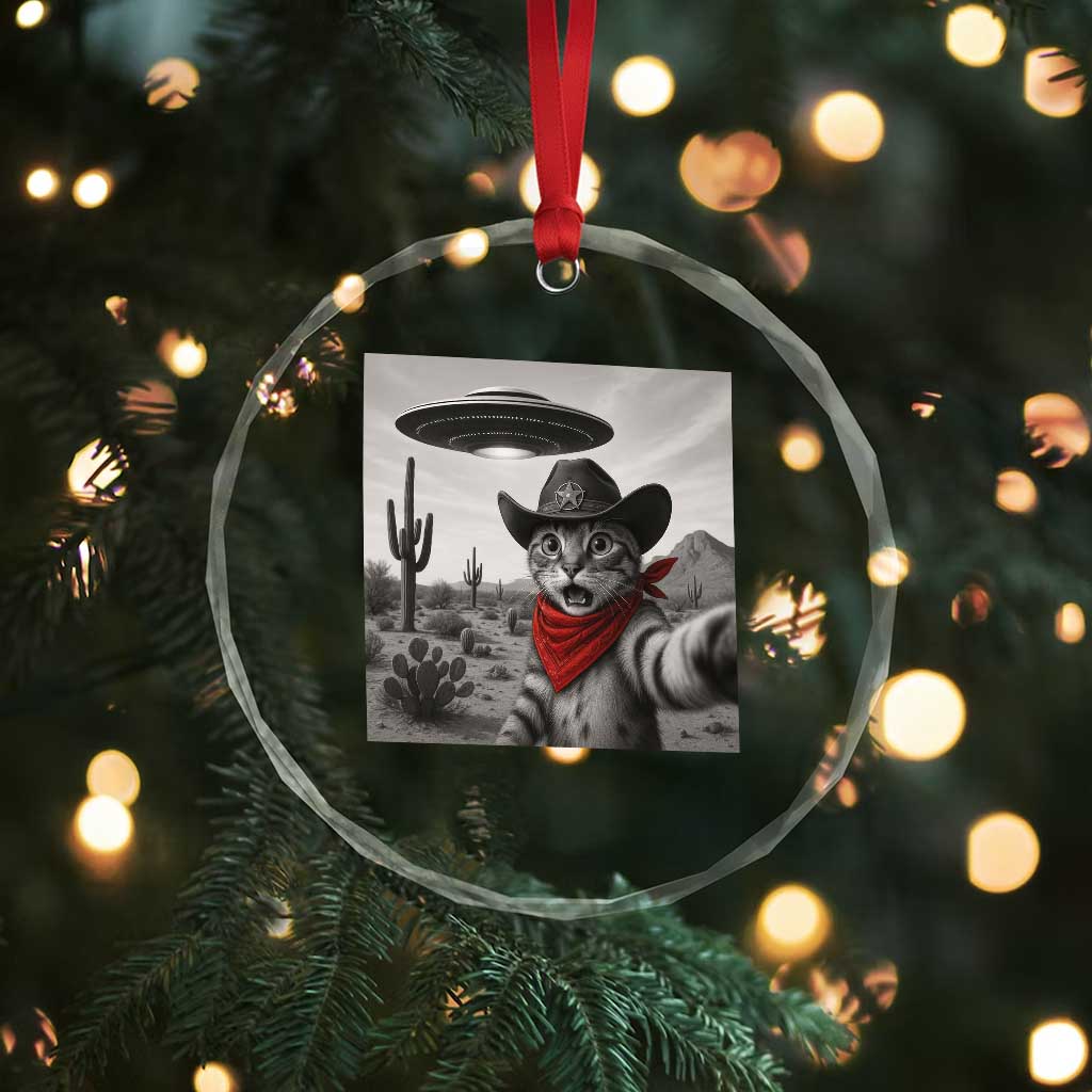 Vintage UFO Cowboy Cat Crystal Glass Ornament Retro 90s Western Rodeo Kitten Cat Selfie With Alien UFO - Wonder Print Shop