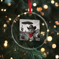 Vintage UFO Cowboy Cat Crystal Glass Ornament Retro 90s Western Rodeo Kitten Cat Selfie With Alien UFO - Wonder Print Shop