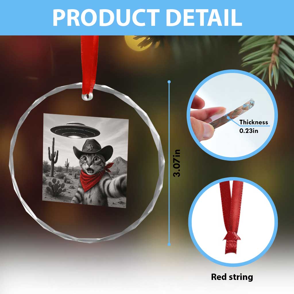 Vintage UFO Cowboy Cat Crystal Glass Ornament Retro 90s Western Rodeo Kitten Cat Selfie With Alien UFO - Wonder Print Shop