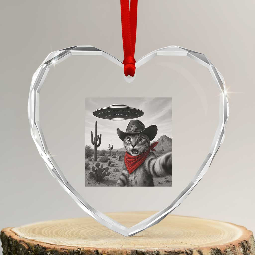 Vintage UFO Cowboy Cat Heart Crystal Glass Ornament Retro 90s Western Rodeo Kitten Cat Selfie With Alien UFO - Wonder Print Shop