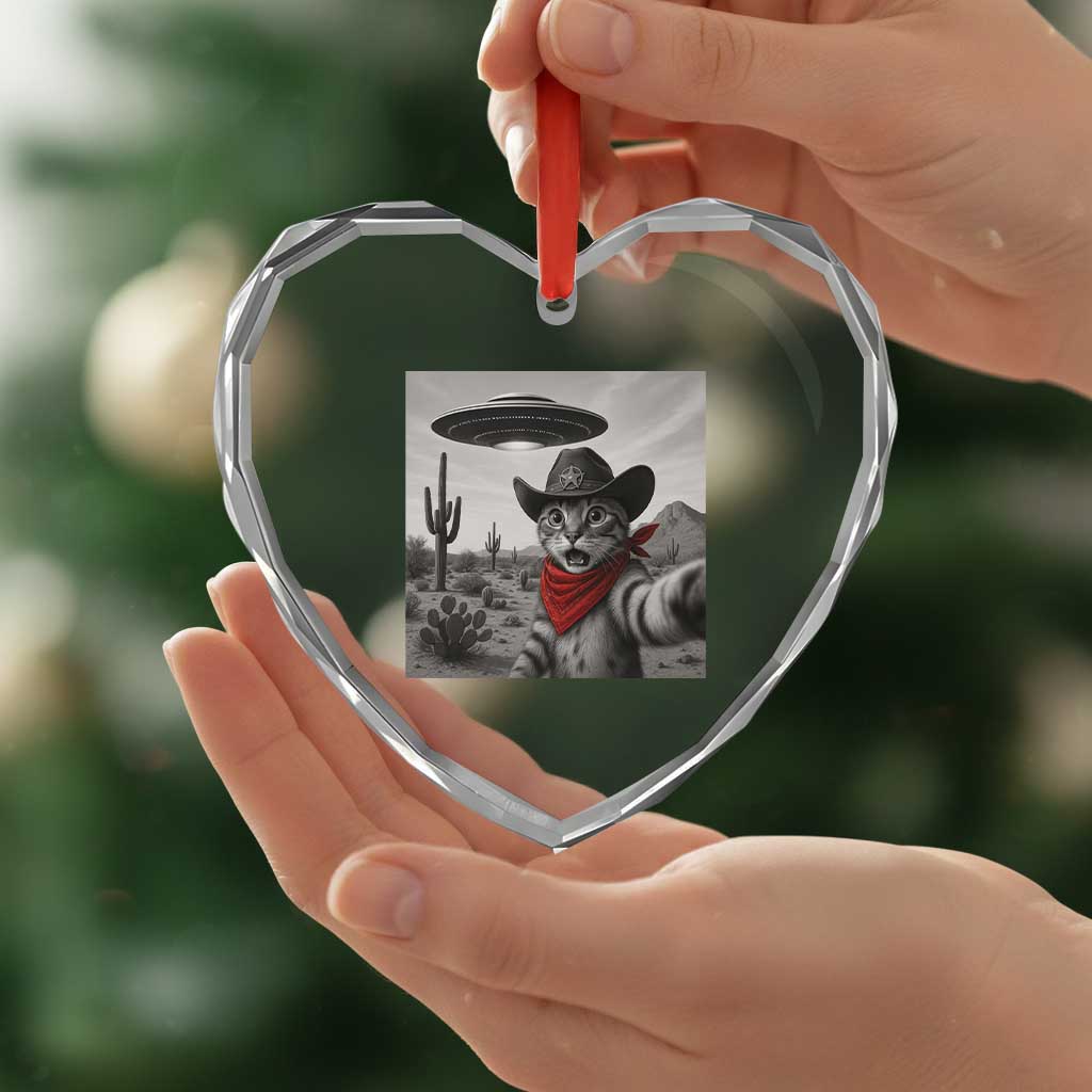 Vintage UFO Cowboy Cat Heart Crystal Glass Ornament Retro 90s Western Rodeo Kitten Cat Selfie With Alien UFO - Wonder Print Shop