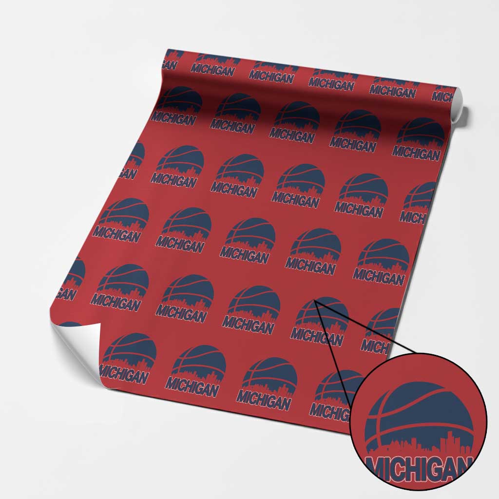 Vintage Urban Michigan Skyline Wrapping Paper Roll Gift For Basketball Fan