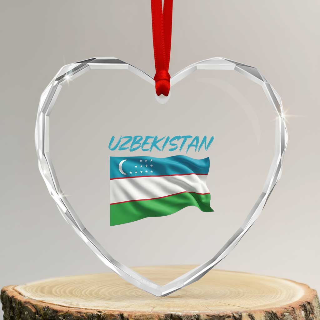 Vintage Uzbekistan Flag Heart Crystal Glass Ornament Proud Uzbek Roots Gift