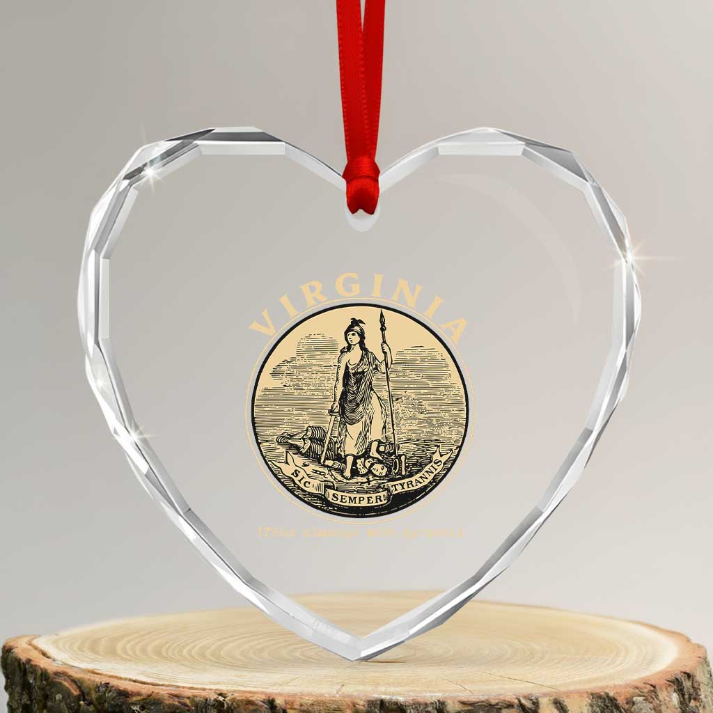 Vintage Virginia Motto Sic Semper Tyrannis Heart Crystal Glass Ornament