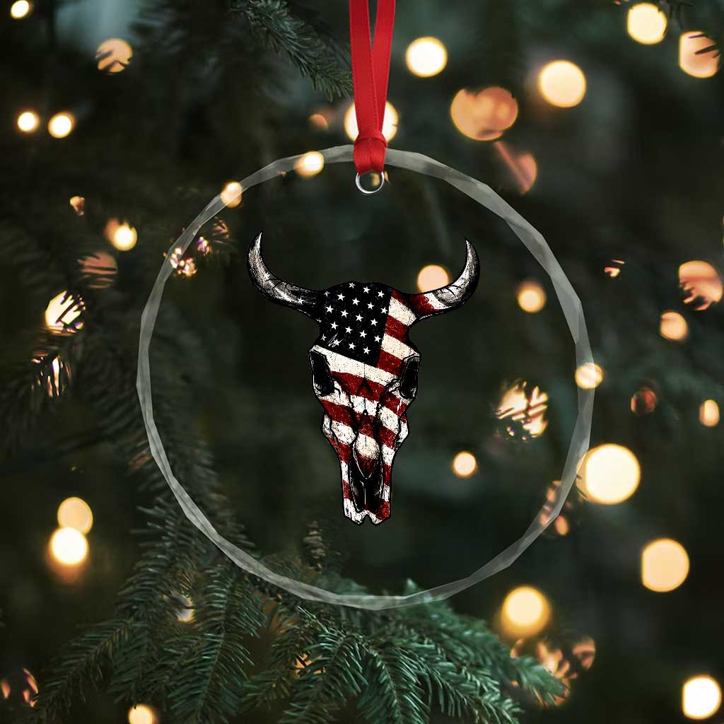 Vintage Western Cow Skull Usa Flag Crystal Glass Ornament Patriotic American Pride
