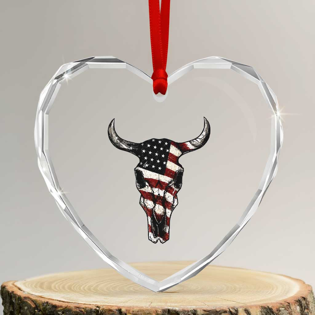 Vintage Western Cow Skull Usa Flag Heart Crystal Glass Ornament Patriotic American Pride