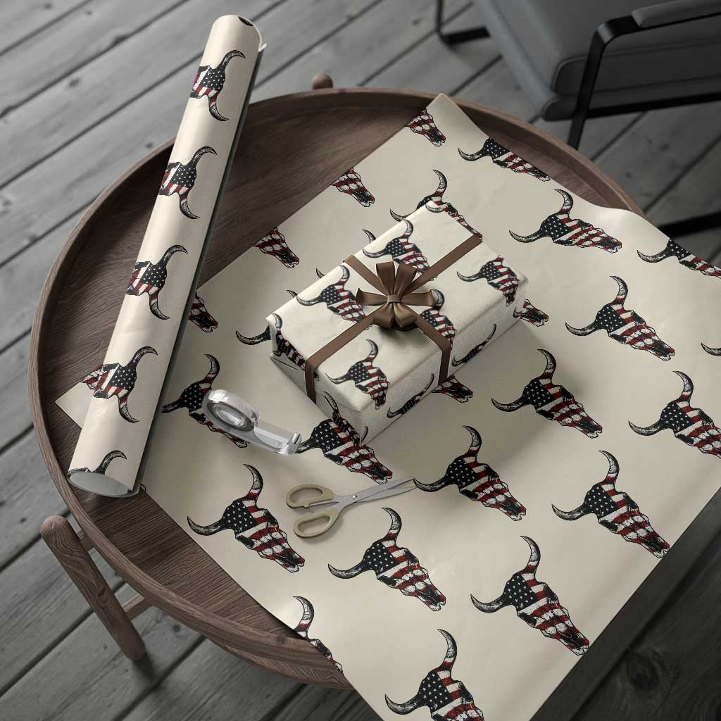 Vintage Western Cow Skull Usa Flag Wrapping Paper Roll Patriotic American Pride