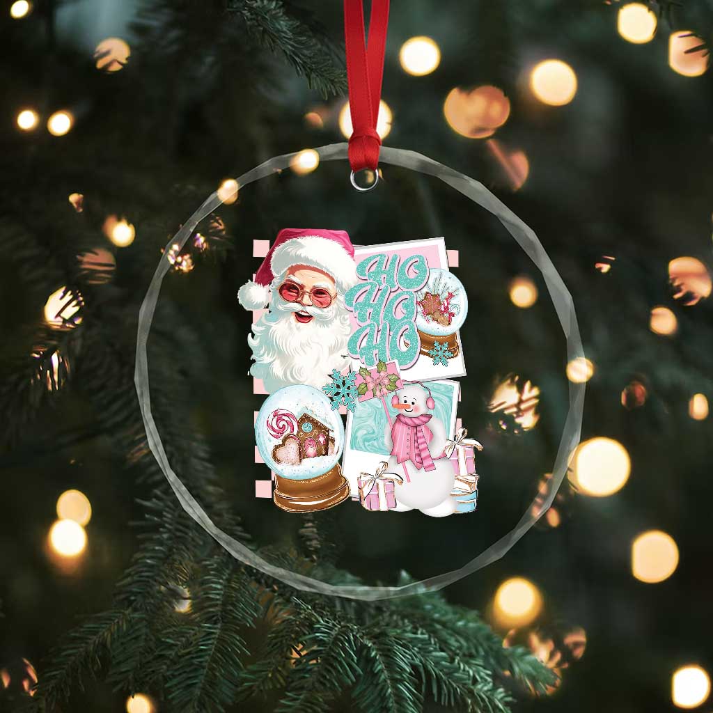 Vintage Xmas Crystal Glass Ornament Pink Santa Claus Ho Ho Ho TS09